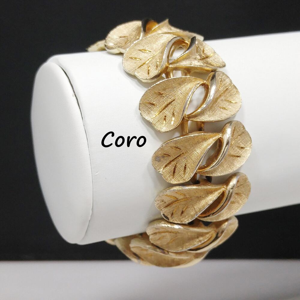 Coro Pegasus Brushed Leaf Wide Bracelet, Gold Plated, Safety Chain 1940s Vintage
